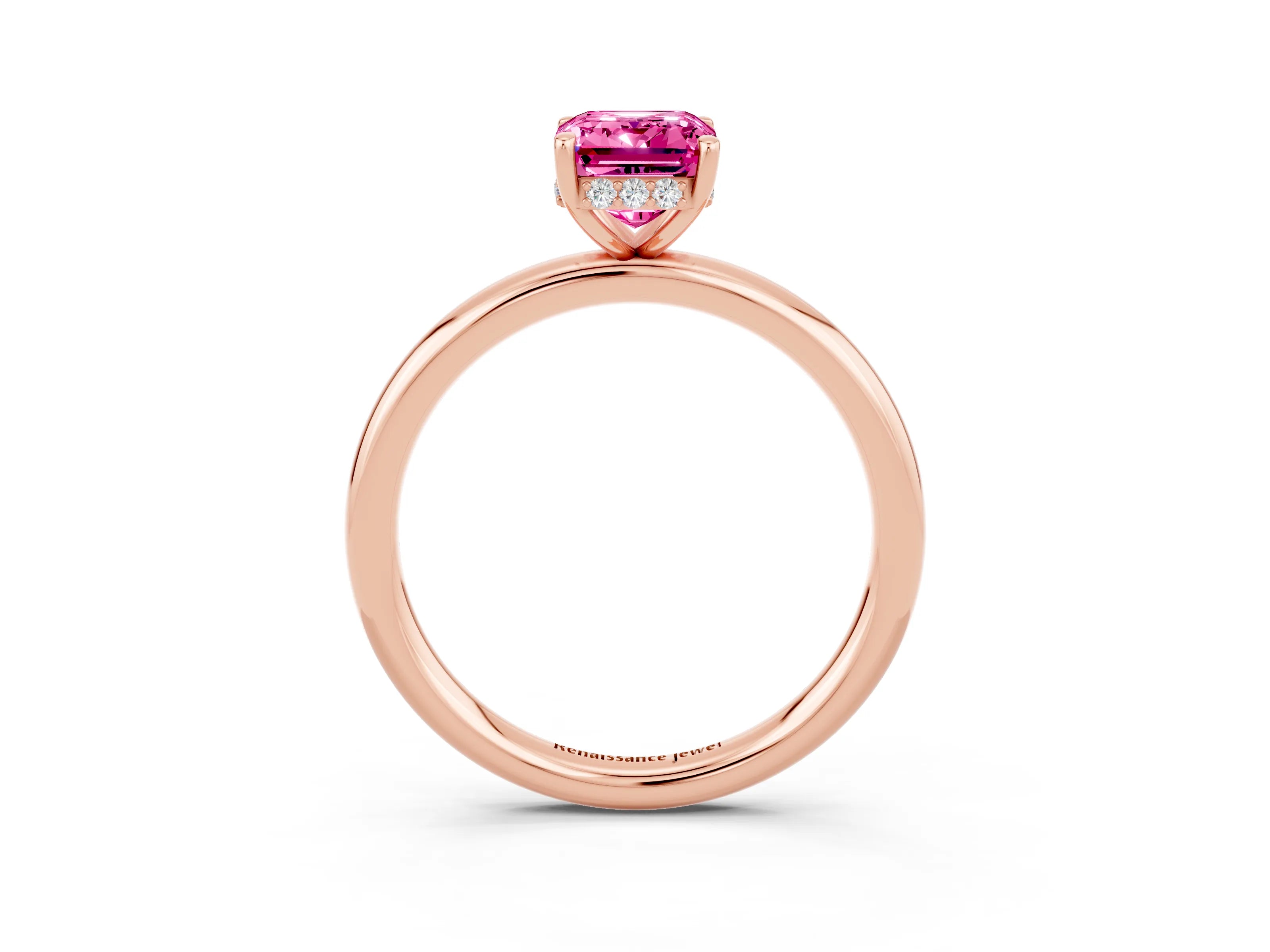 Rose gold Emerald Cut Pink Sapphire Solitaire Ring with Thin Band and Four-Prong Setting_39