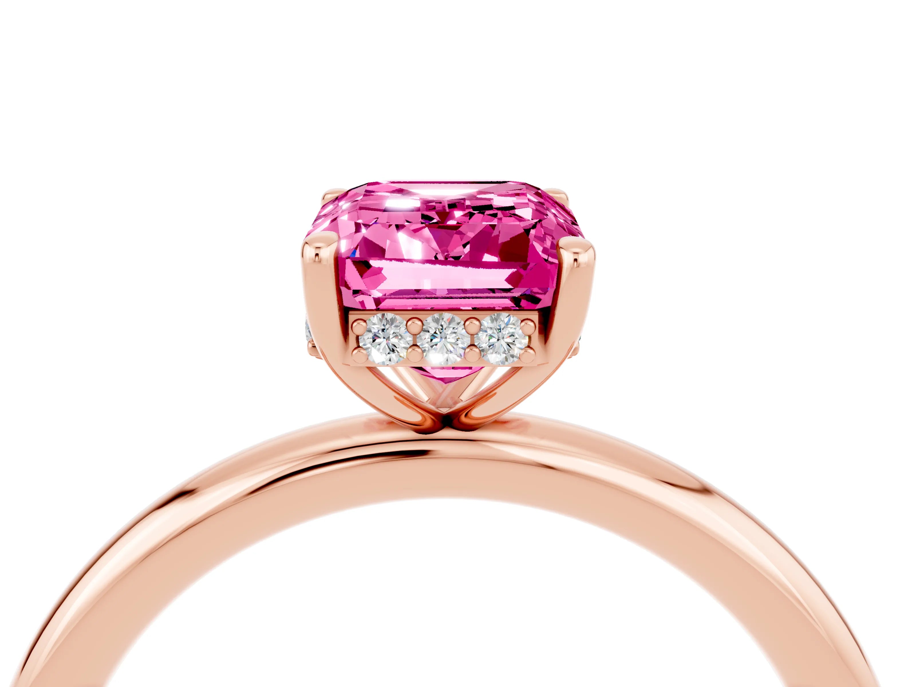 Rose gold Emerald Cut Pink Sapphire Solitaire Ring with Thin Band and Four-Prong Setting_40