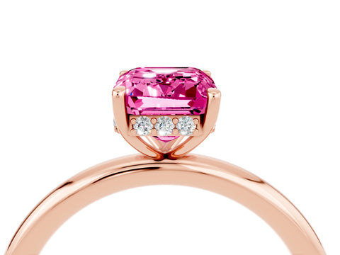 Rose gold Emerald Cut Pink Sapphire Solitaire Ring with Thin Band and Four-Prong Setting_40
