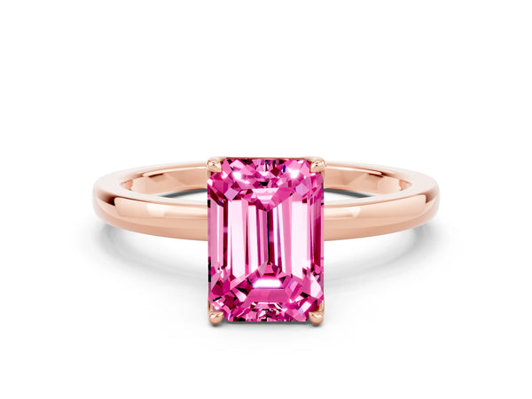 Rose gold Emerald Cut Pink Sapphire Solitaire Ring with Thin Band and Prong Setting