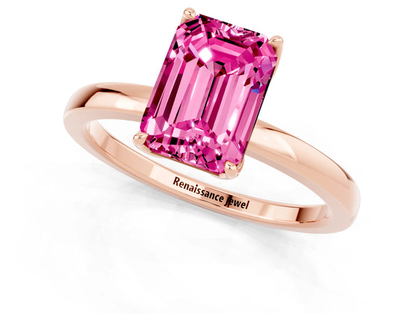 Rose gold Emerald Cut Pink Sapphire Solitaire Ring with Thin Band and Prong Setting