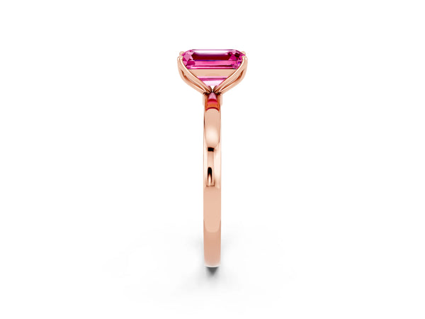 Rose gold Emerald Cut Pink Sapphire Solitaire Ring with Thin Band and Prong Setting