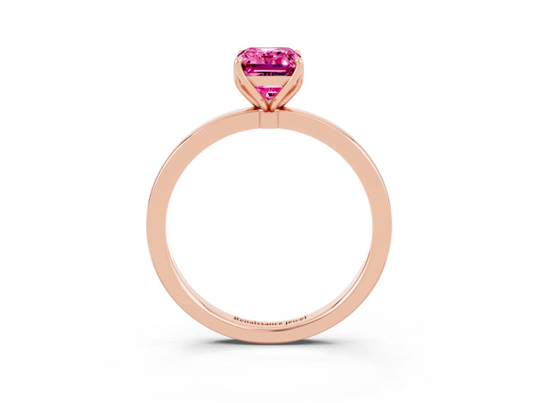 Rose gold Emerald Cut Pink Sapphire Solitaire Ring with Thin Band and Prong Setting