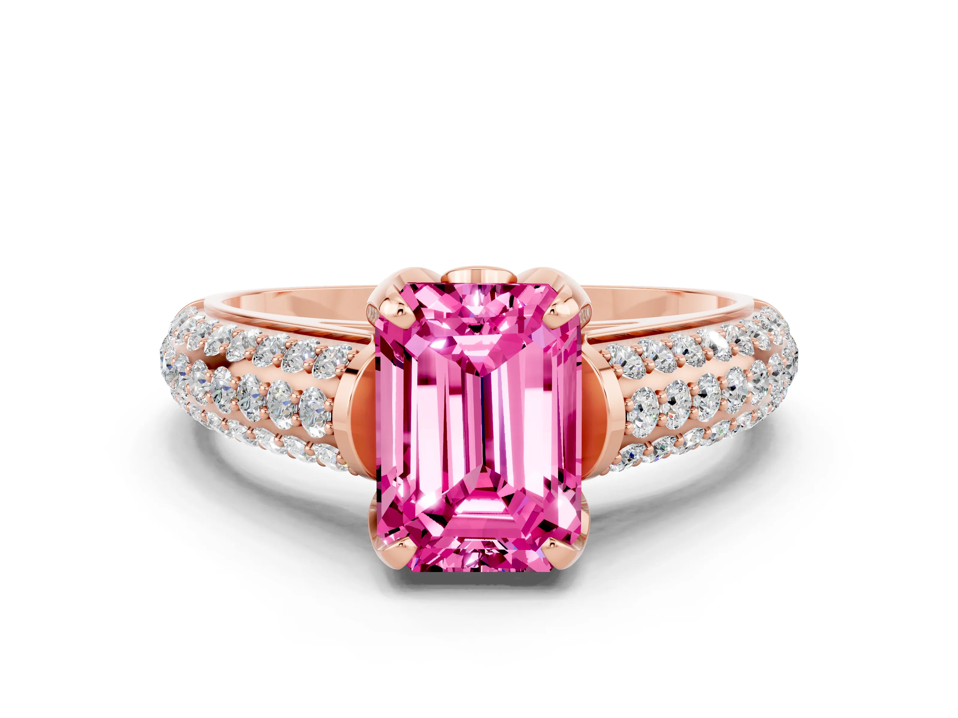 Rose gold Emerald Cut Pink Sapphire Solitaire Ring with Three-Row Pavé Band and Four-Prong Setting_12