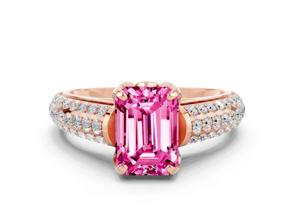 Rose gold Emerald Cut Pink Sapphire Solitaire Ring with Three-Row Pavé Band and Four-Prong Setting