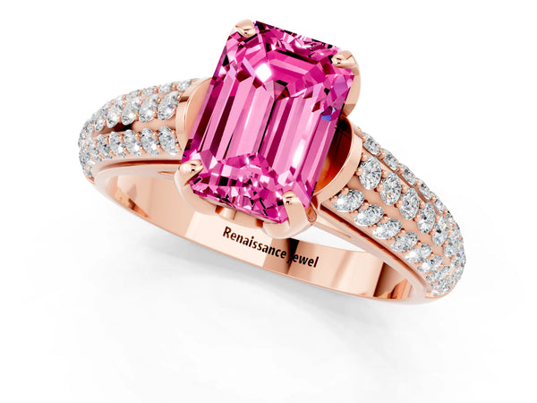 Rose gold Emerald Cut Pink Sapphire Solitaire Ring with Three-Row Pavé Band and Four-Prong Setting