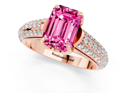 Rose gold Emerald Cut Pink Sapphire Solitaire Ring with Three-Row Pavé Band and Four-Prong Setting_13