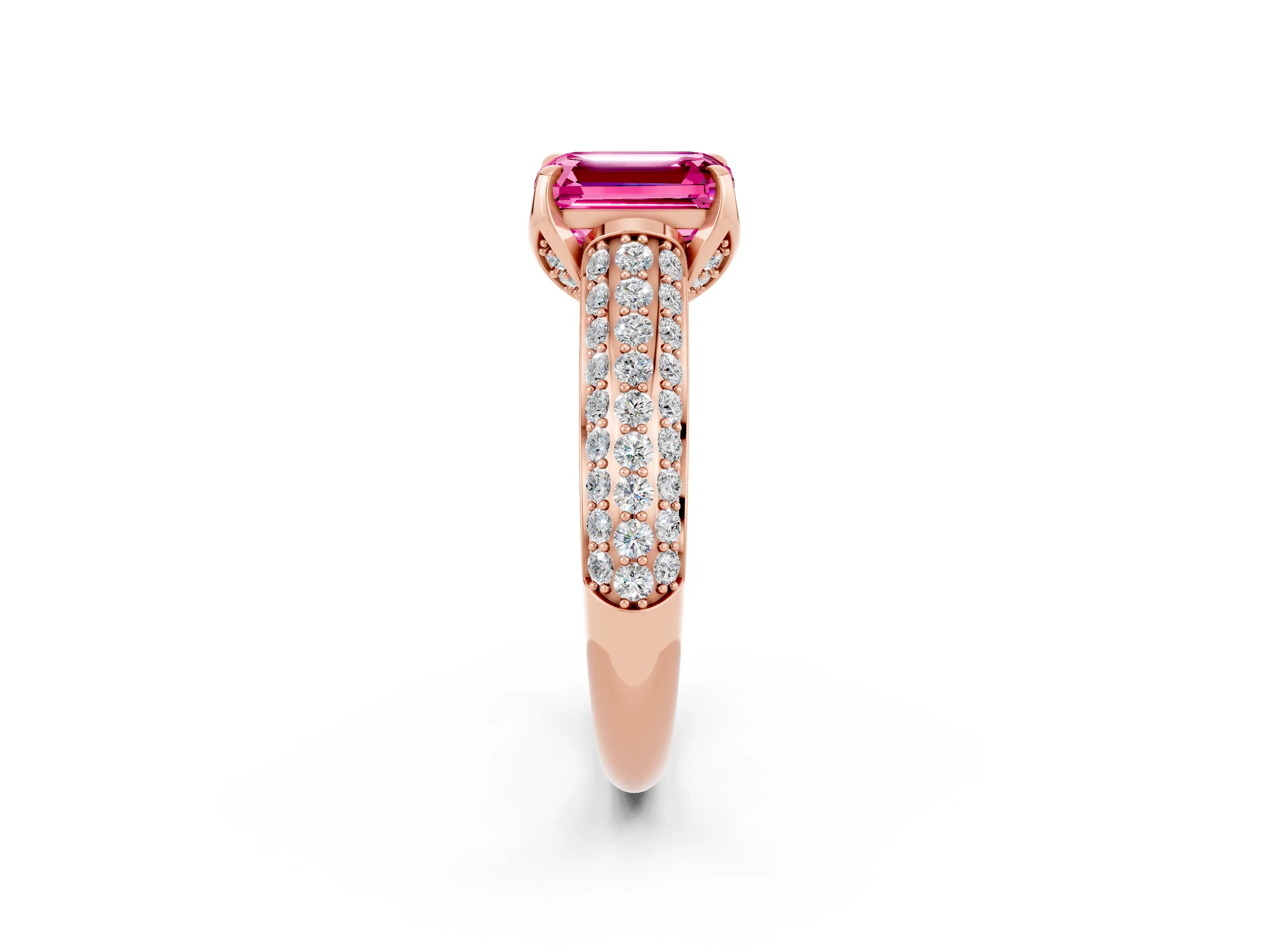 Rose gold Emerald Cut Pink Sapphire Solitaire Ring with Three-Row Pavé Band and Four-Prong Setting_14