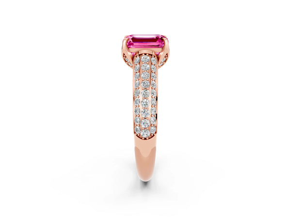 Rose gold Emerald Cut Pink Sapphire Solitaire Ring with Three-Row Pavé Band and Four-Prong Setting