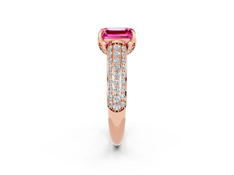 Rose gold Emerald Cut Pink Sapphire Solitaire Ring with Three-Row Pavé Band and Four-Prong Setting_14