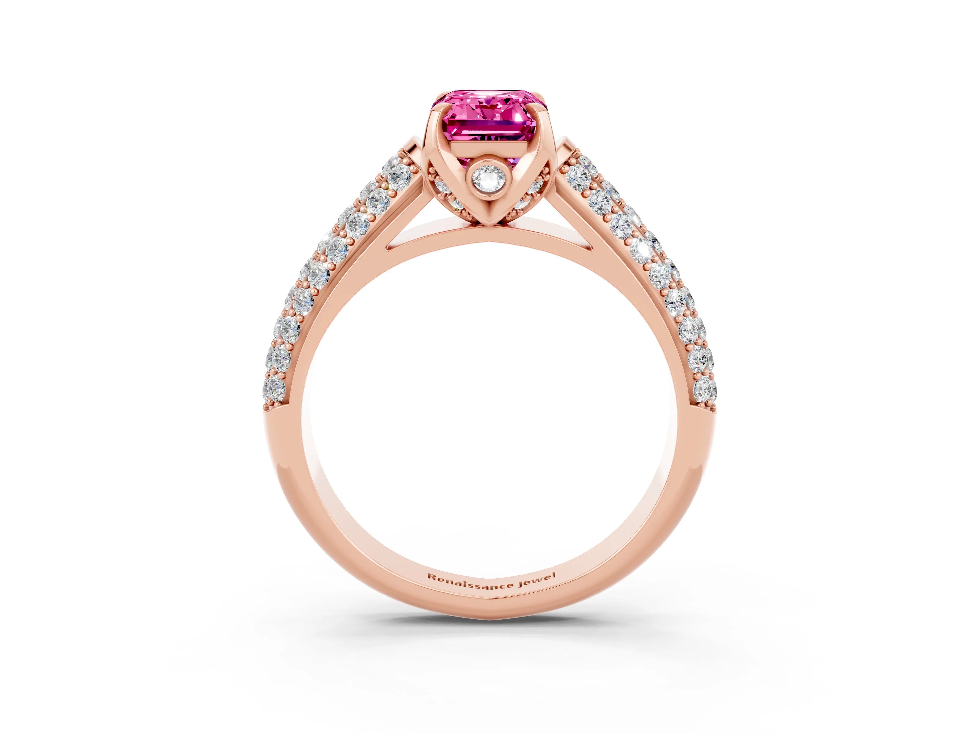 Rose gold Emerald Cut Pink Sapphire Solitaire Ring with Three-Row Pavé Band and Four-Prong Setting_15