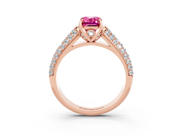 Rose gold Emerald Cut Pink Sapphire Solitaire Ring with Three-Row Pavé Band and Four-Prong Setting
