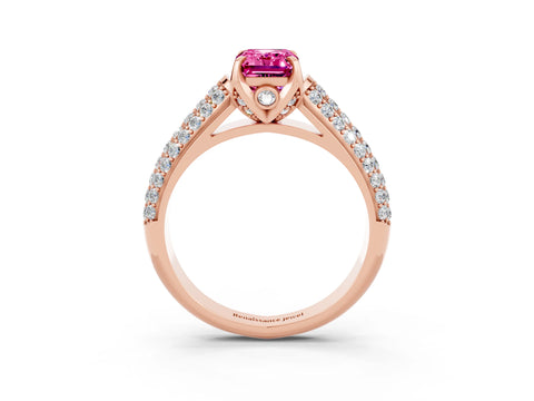 Rose gold Emerald Cut Pink Sapphire Solitaire Ring with Three-Row Pavé Band and Four-Prong Setting_15