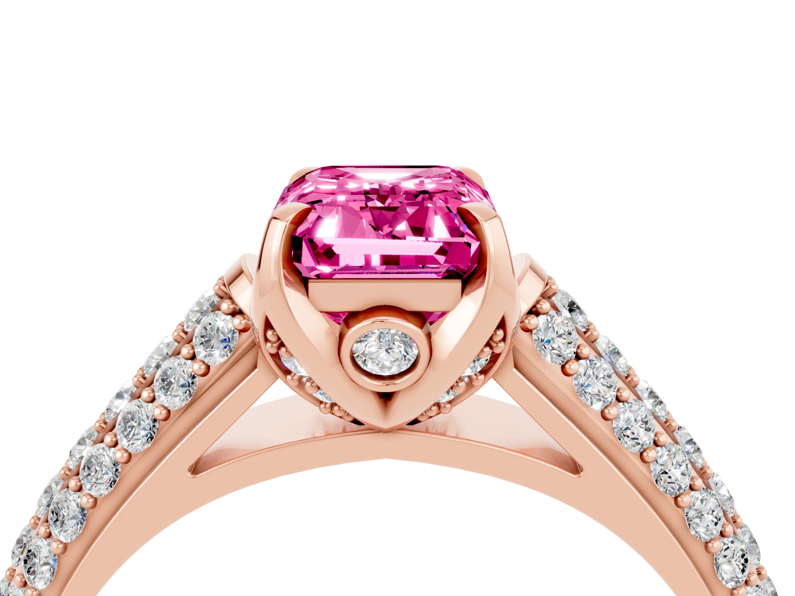 Rose gold Emerald Cut Pink Sapphire Solitaire Ring with Three-Row Pavé Band and Four-Prong Setting_16