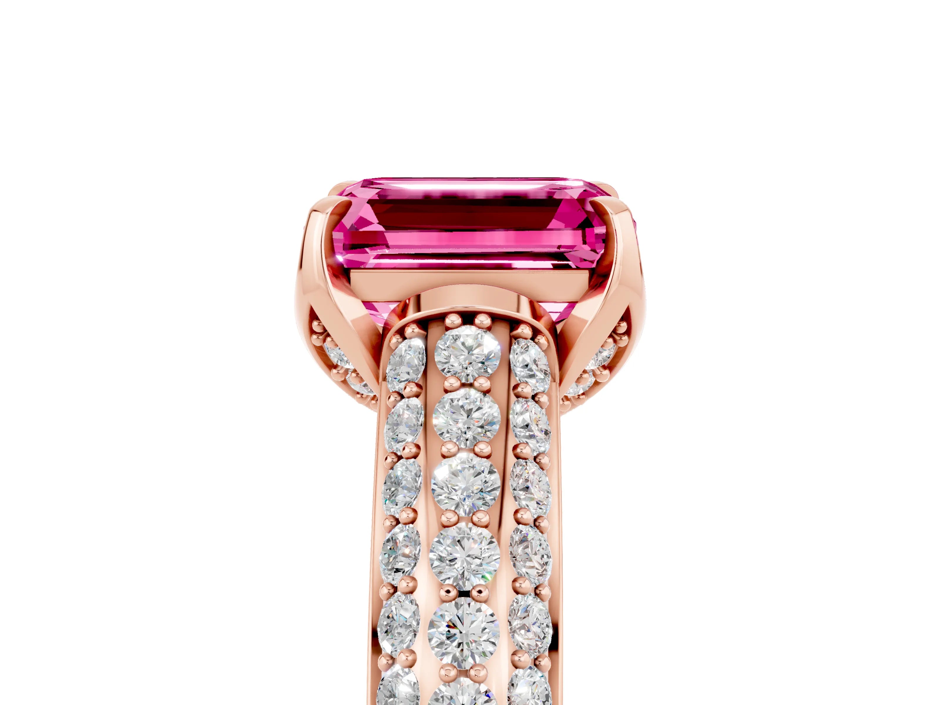 Rose gold Emerald Cut Pink Sapphire Solitaire Ring with Three-Row Pavé Band and Four-Prong Setting_17