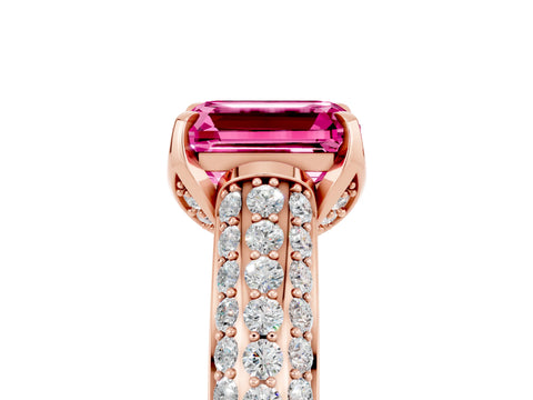 Rose gold Emerald Cut Pink Sapphire Solitaire Ring with Three-Row Pavé Band and Four-Prong Setting_17