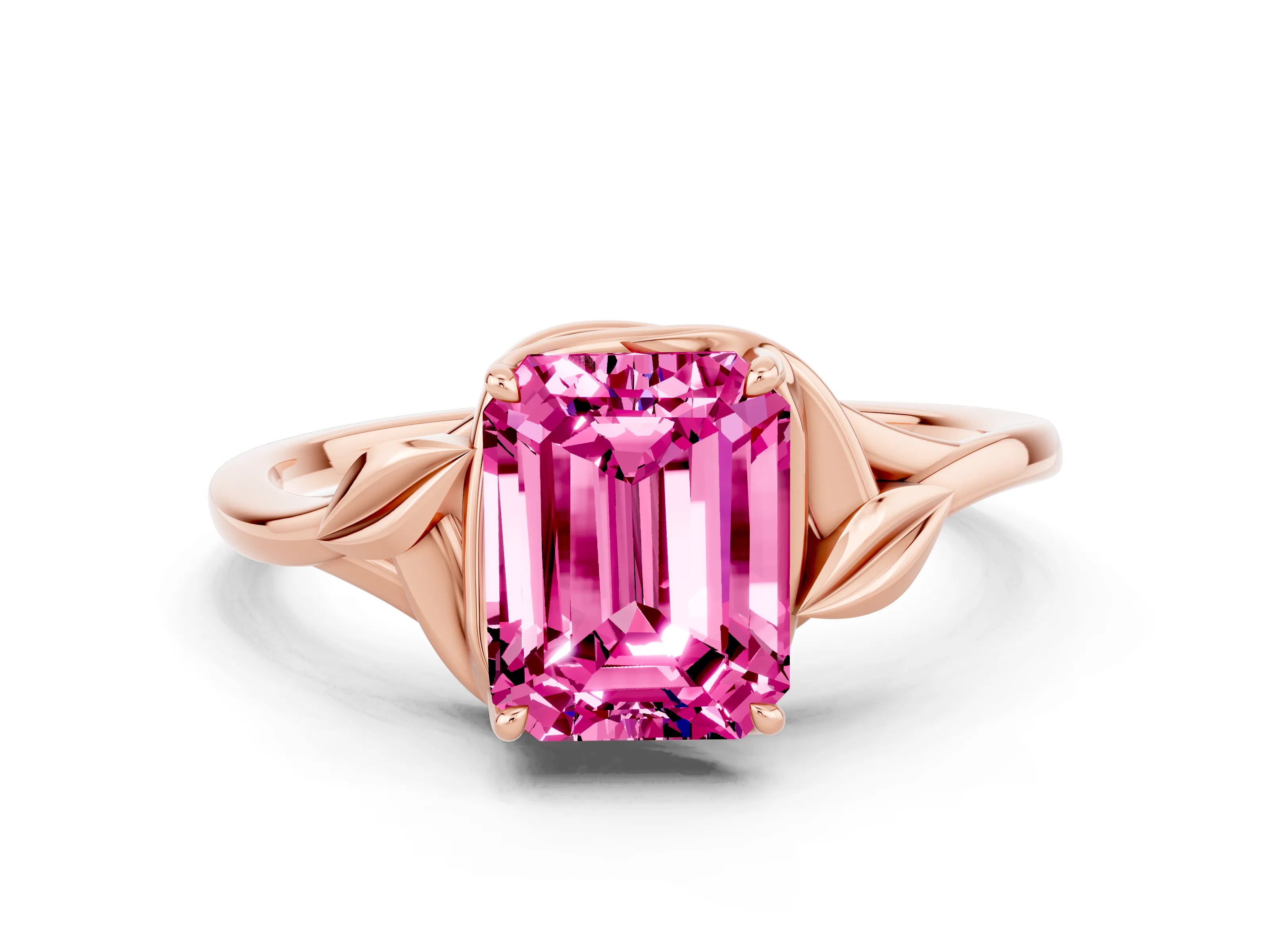 Rose gold Emerald Cut Pink Sapphire Solitaire Ring with Twist Band and Four-Prong Setting_24