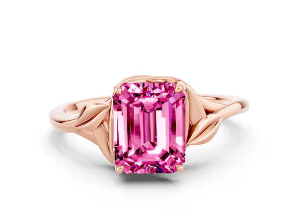 Rose gold Emerald Cut Pink Sapphire Solitaire Ring with Twist Band and Four-Prong Setting