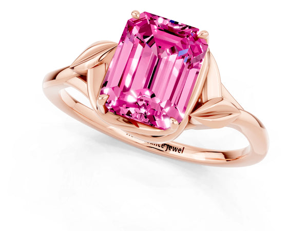 Rose gold Emerald Cut Pink Sapphire Solitaire Ring with Twist Band and Four-Prong Setting