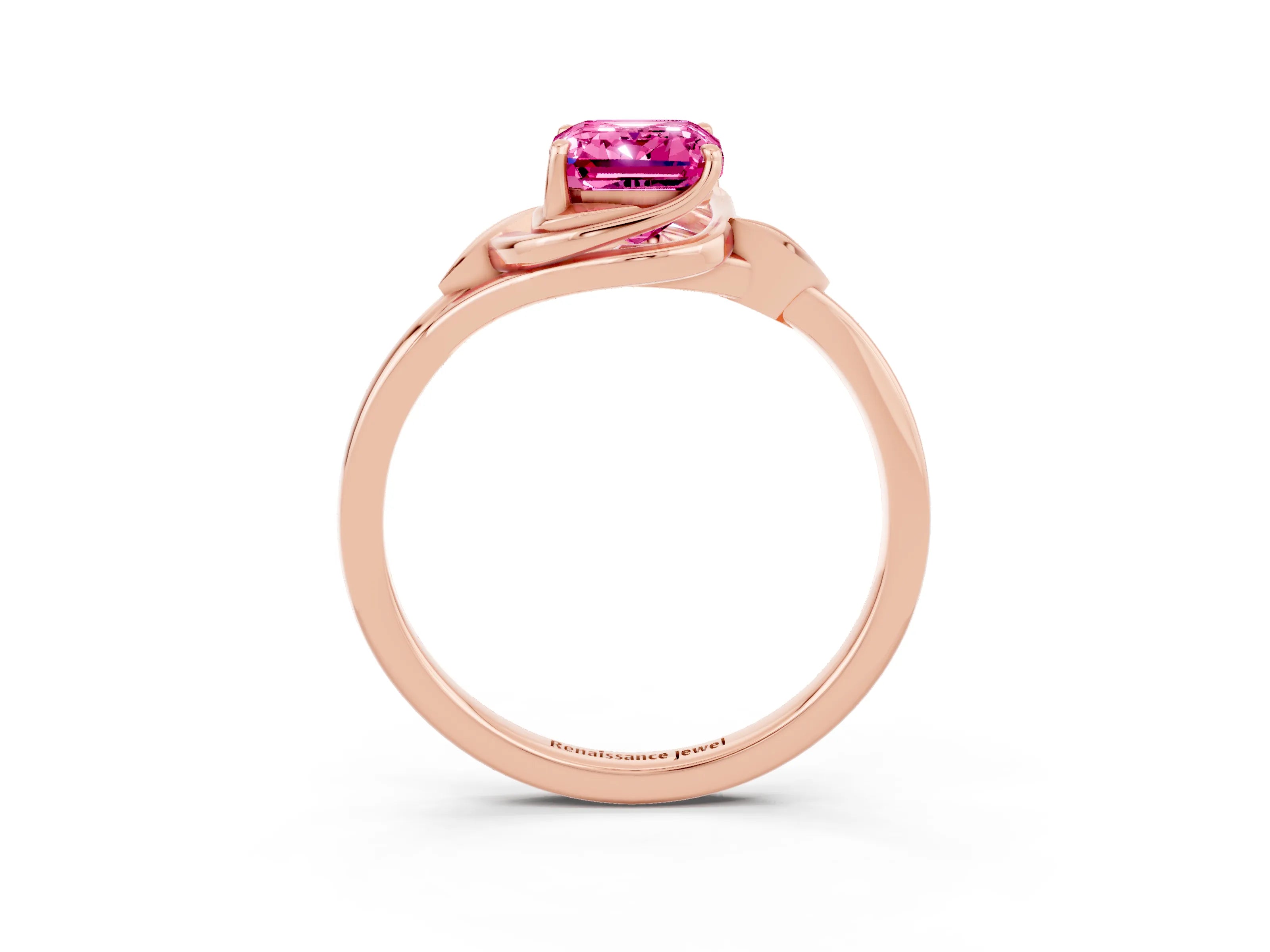 Rose gold Emerald Cut Pink Sapphire Solitaire Ring with Twist Band and Four-Prong Setting_27