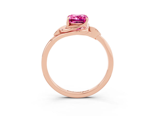 Rose gold Emerald Cut Pink Sapphire Solitaire Ring with Twist Band and Four-Prong Setting