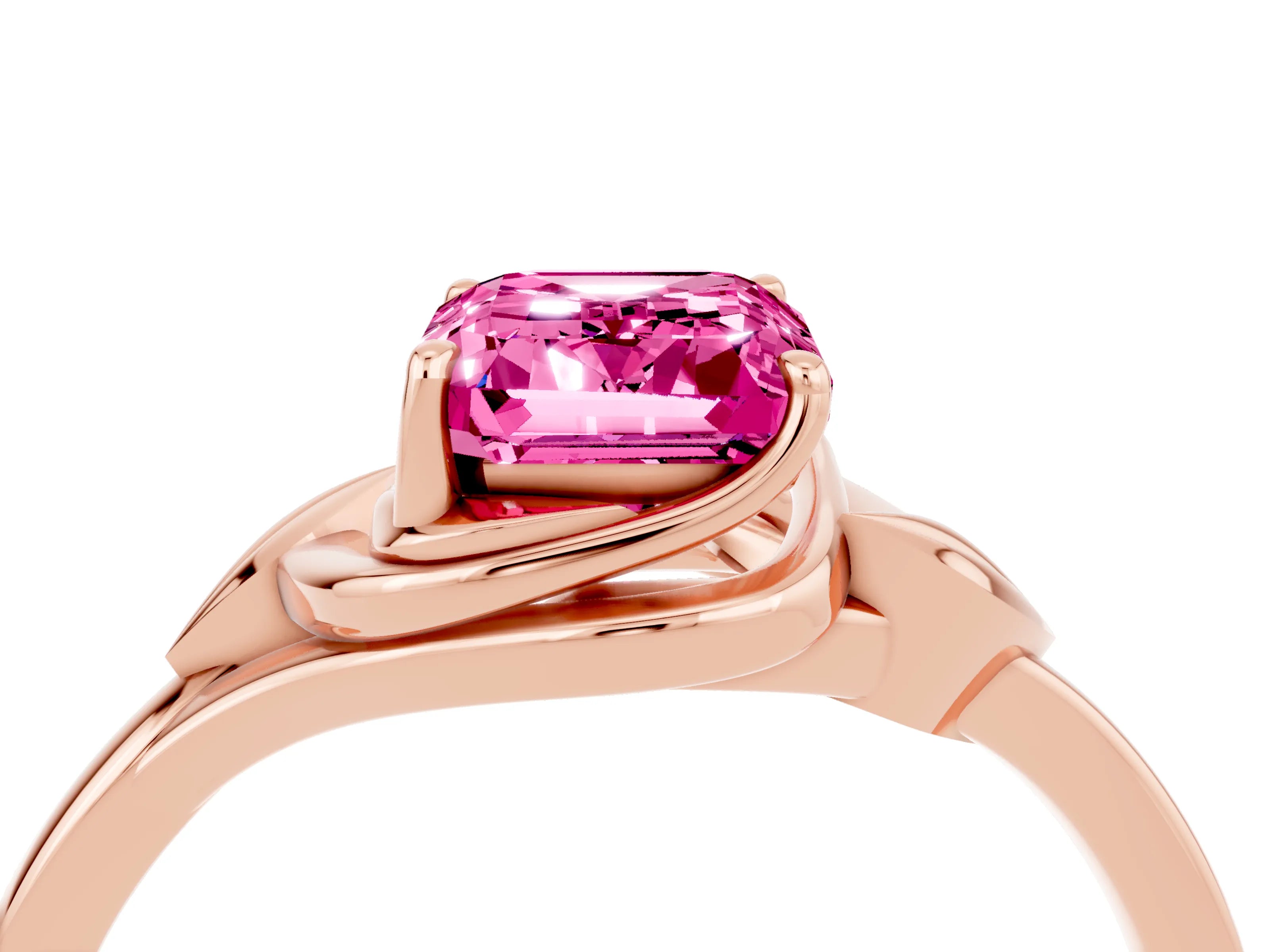 Rose gold Emerald Cut Pink Sapphire Solitaire Ring with Twist Band and Four-Prong Setting_28