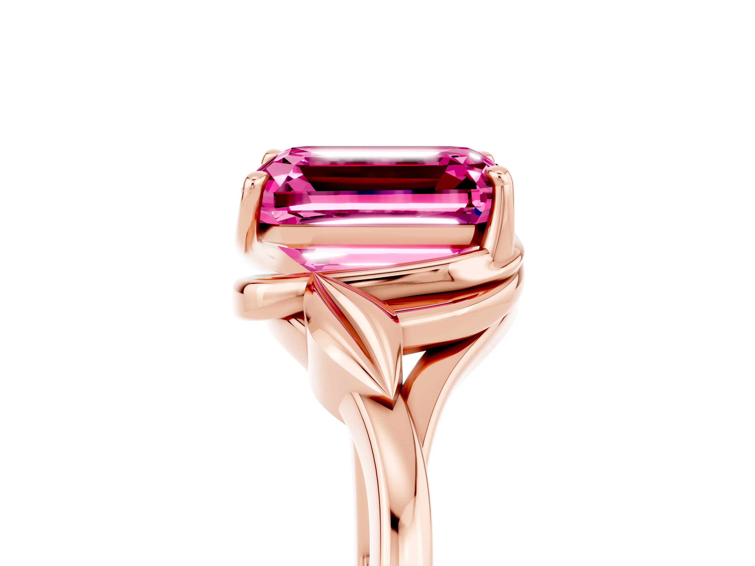 Rose gold Emerald Cut Pink Sapphire Solitaire Ring with Twist Band and Four-Prong Setting_29