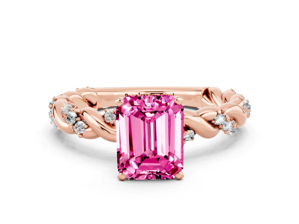 Rose gold Emerald Cut Pink Sapphire Solitaire Ring with Twisted Band and Pavé Accents