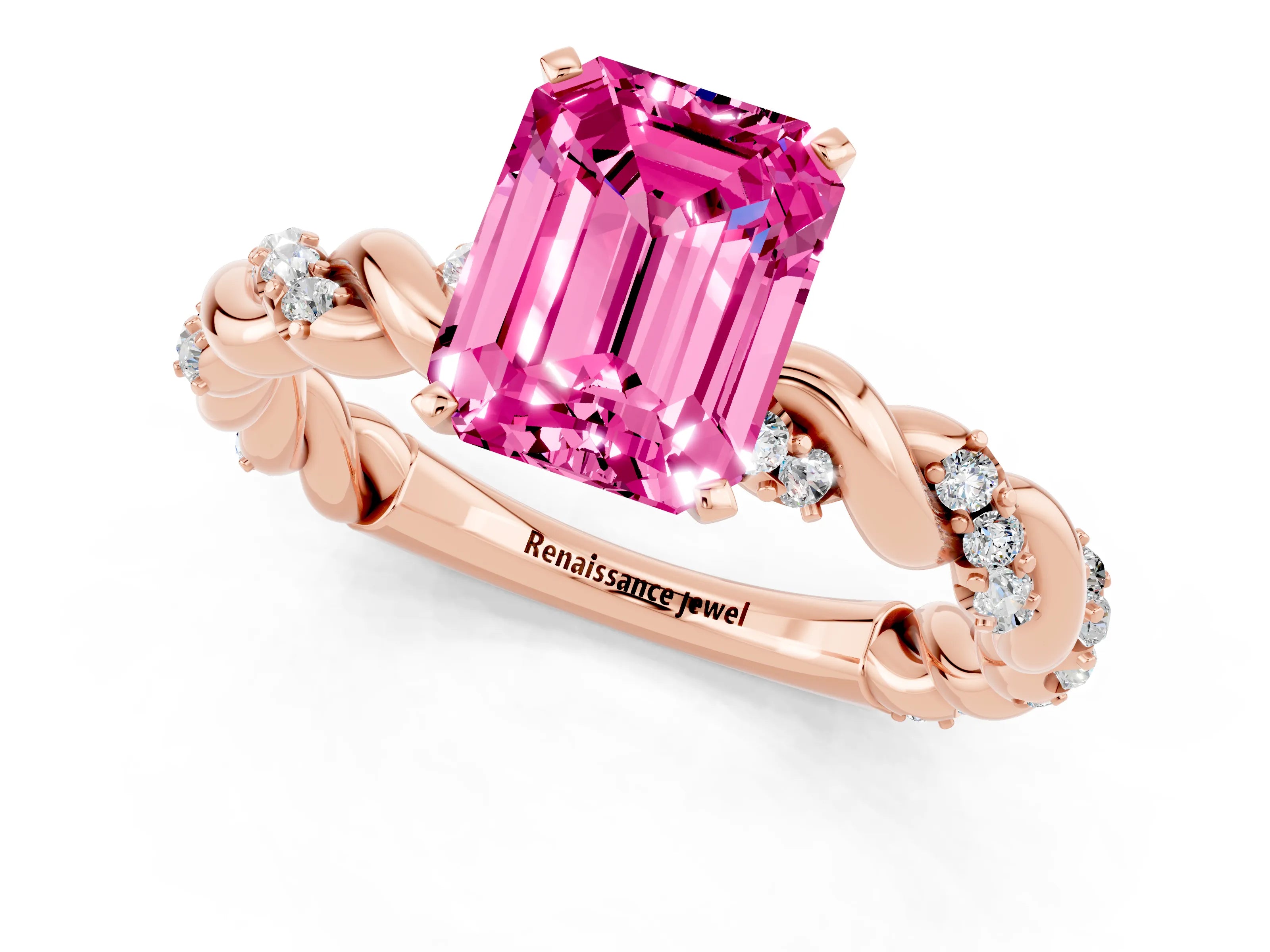 Rose gold Emerald Cut Pink Sapphire Solitaire Ring with Twisted Band and Pavé Accents_1
