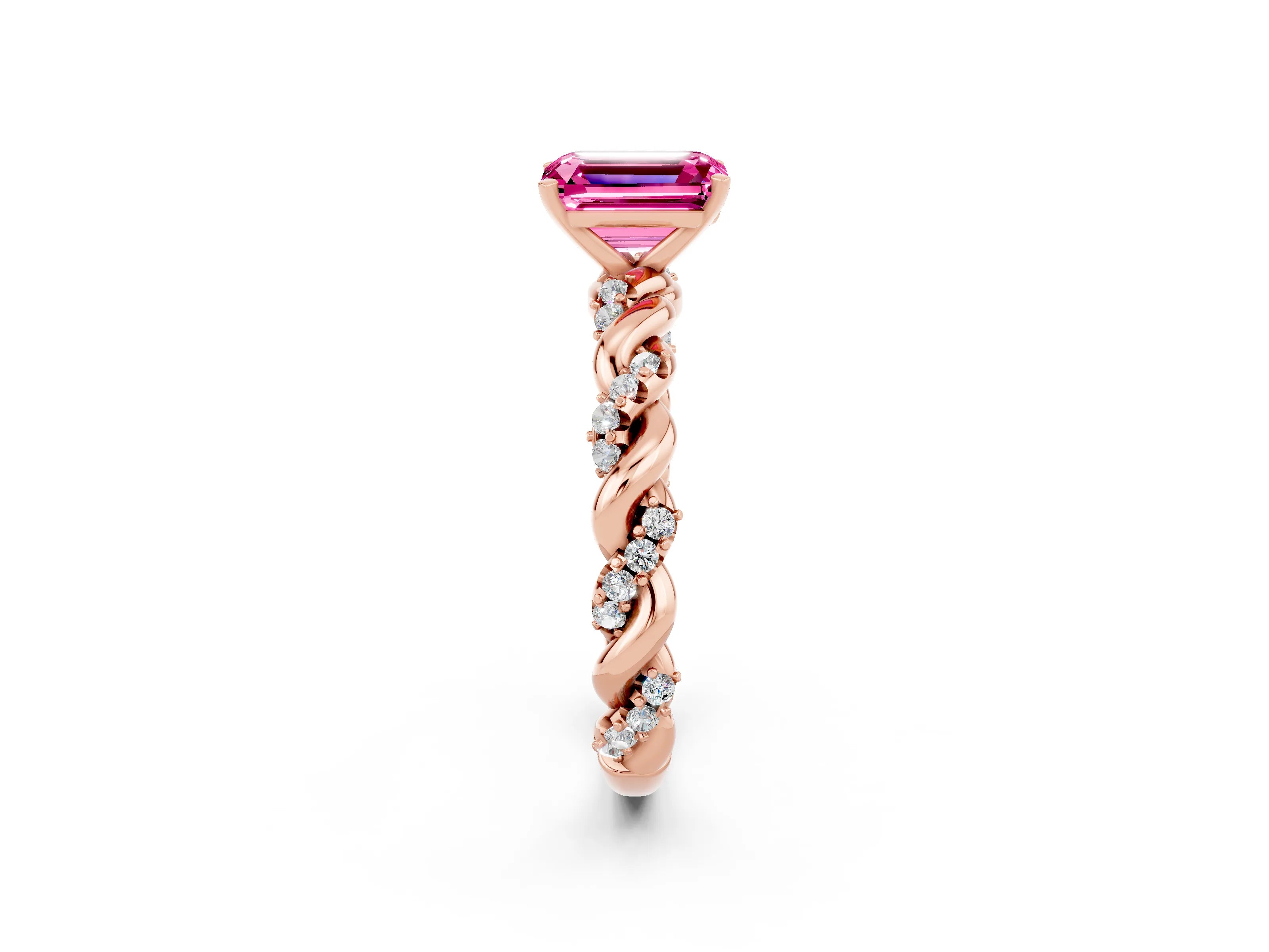 Rose gold Emerald Cut Pink Sapphire Solitaire Ring with Twisted Band and Pavé Accents_2