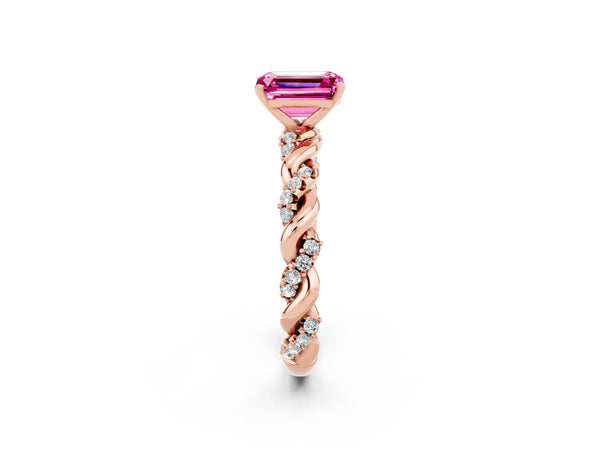 Rose gold Emerald Cut Pink Sapphire Solitaire Ring with Twisted Band and Pavé Accents