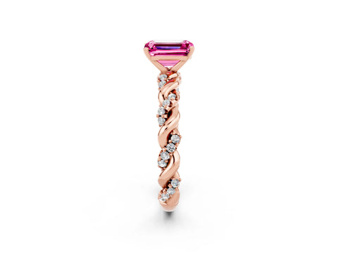 Rose gold Emerald Cut Pink Sapphire Solitaire Ring with Twisted Band and Pavé Accents_2