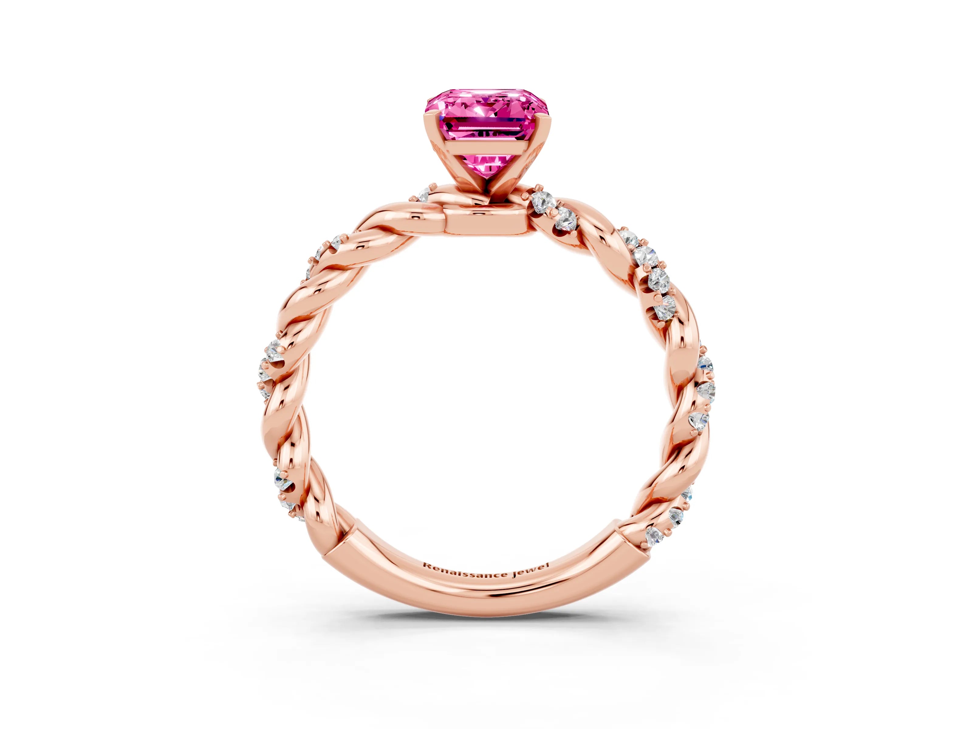 Rose gold Emerald Cut Pink Sapphire Solitaire Ring with Twisted Band and Pavé Accents_3