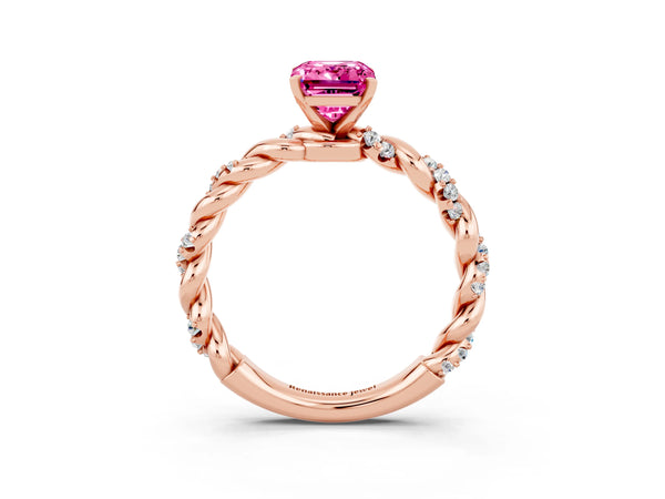 Rose gold Emerald Cut Pink Sapphire Solitaire Ring with Twisted Band and Pavé Accents