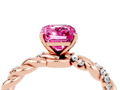 Rose gold Emerald Cut Pink Sapphire Solitaire Ring with Twisted Band and Pavé Accents_4