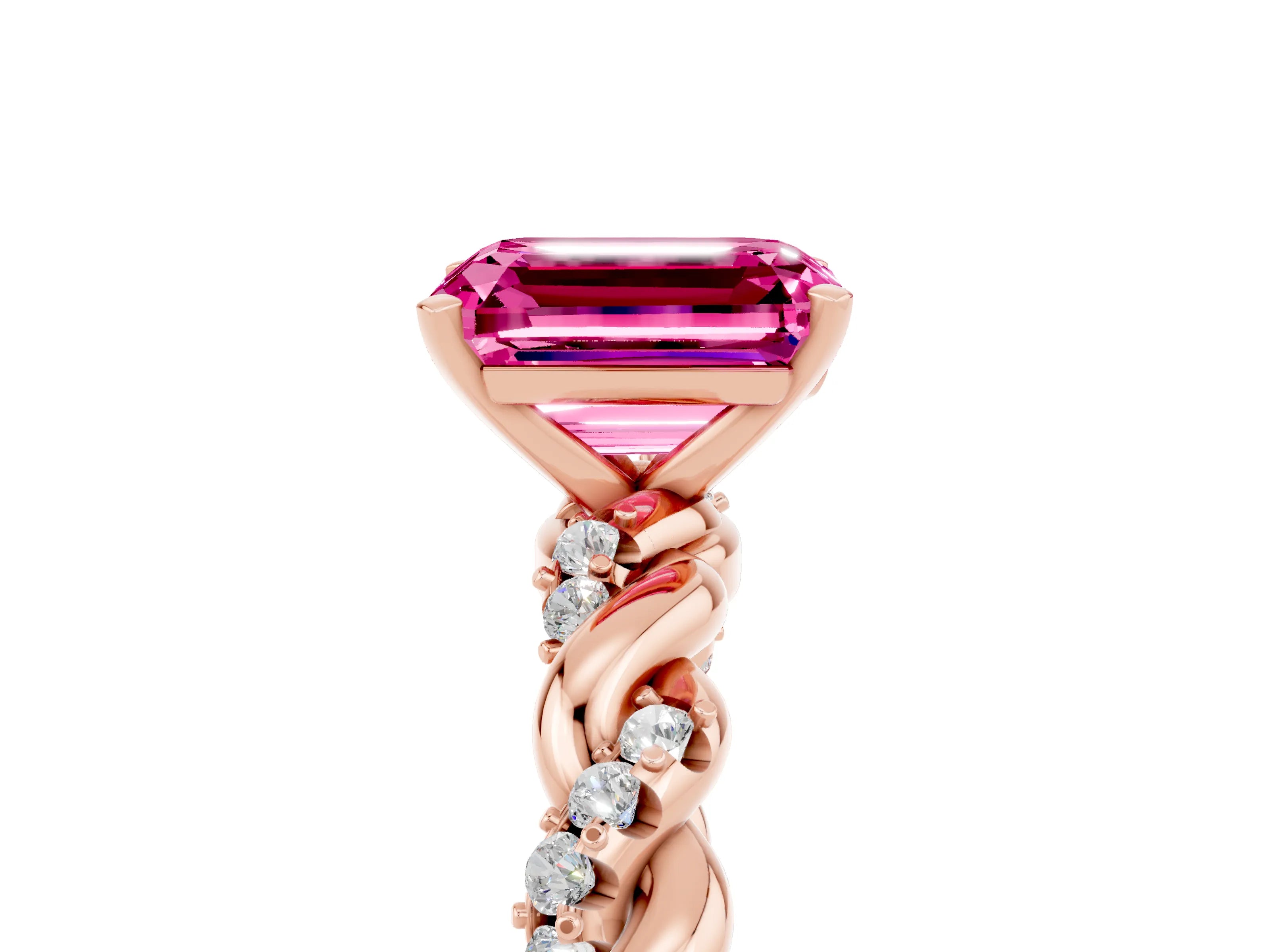 Rose gold Emerald Cut Pink Sapphire Solitaire Ring with Twisted Band and Pavé Accents_5