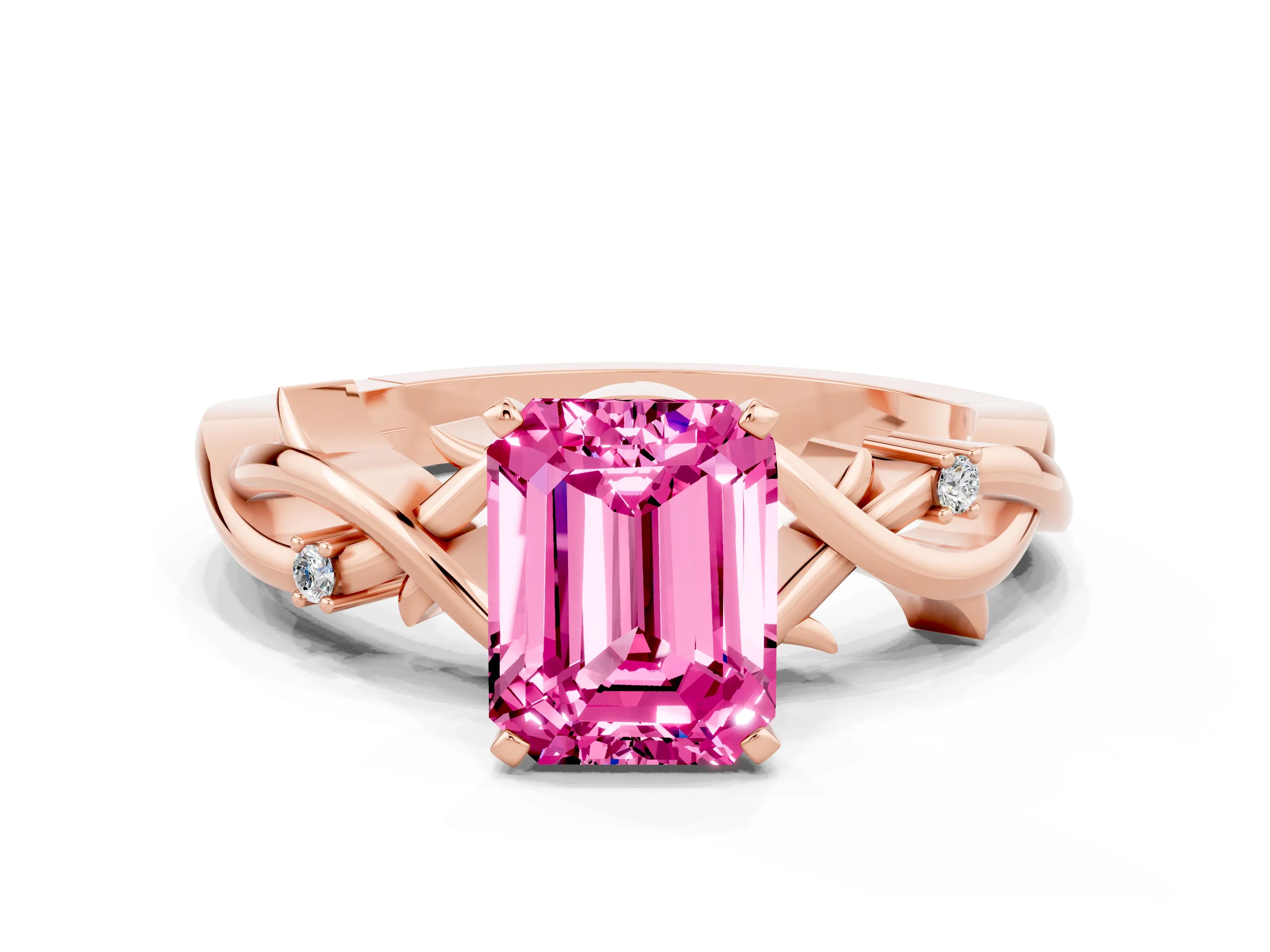 Rose gold Emerald Cut Pink Sapphire Solitaire Ring with Twisted Band and Prong Setting