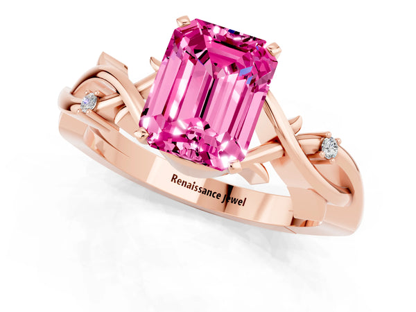 Rose gold Emerald Cut Pink Sapphire Solitaire Ring with Twisted Band and Prong Setting