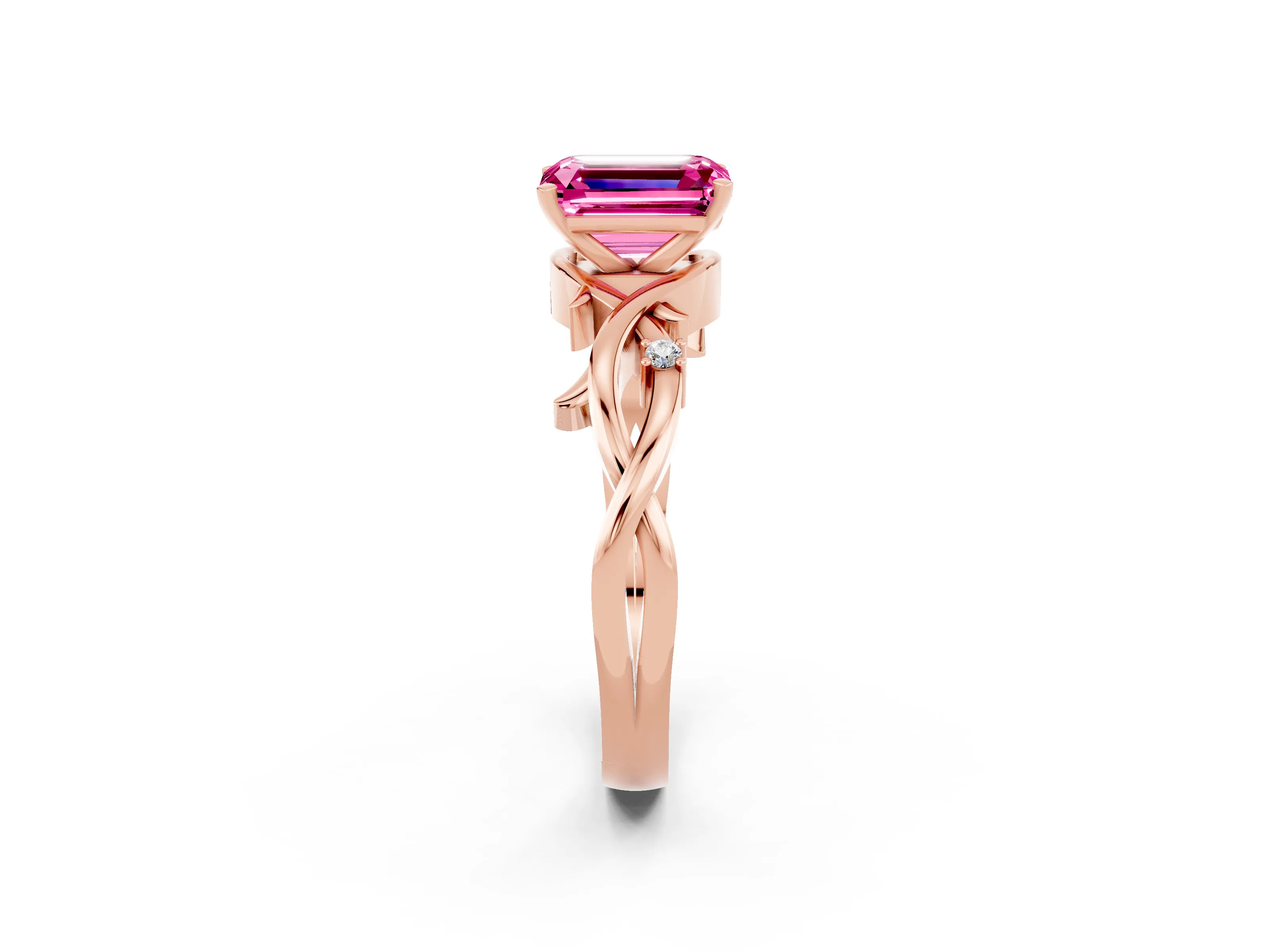 Rose gold Emerald Cut Pink Sapphire Solitaire Ring with Twisted Band and Prong Setting_2