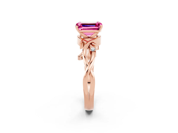 Rose gold Emerald Cut Pink Sapphire Solitaire Ring with Twisted Band and Prong Setting