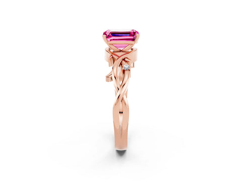 Rose gold Emerald Cut Pink Sapphire Solitaire Ring with Twisted Band and Prong Setting_2