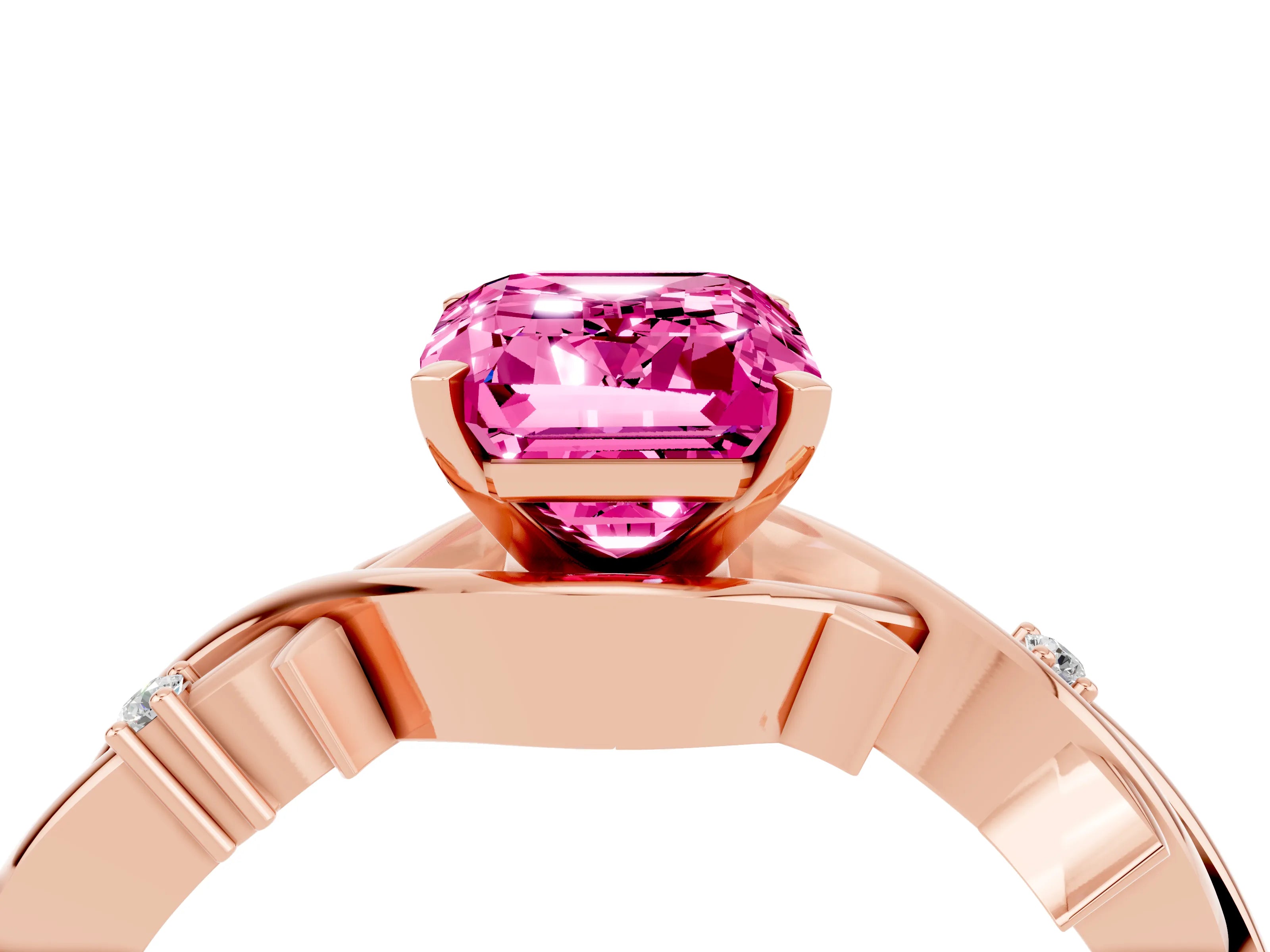 Rose gold Emerald Cut Pink Sapphire Solitaire Ring with Twisted Band and Prong Setting_4