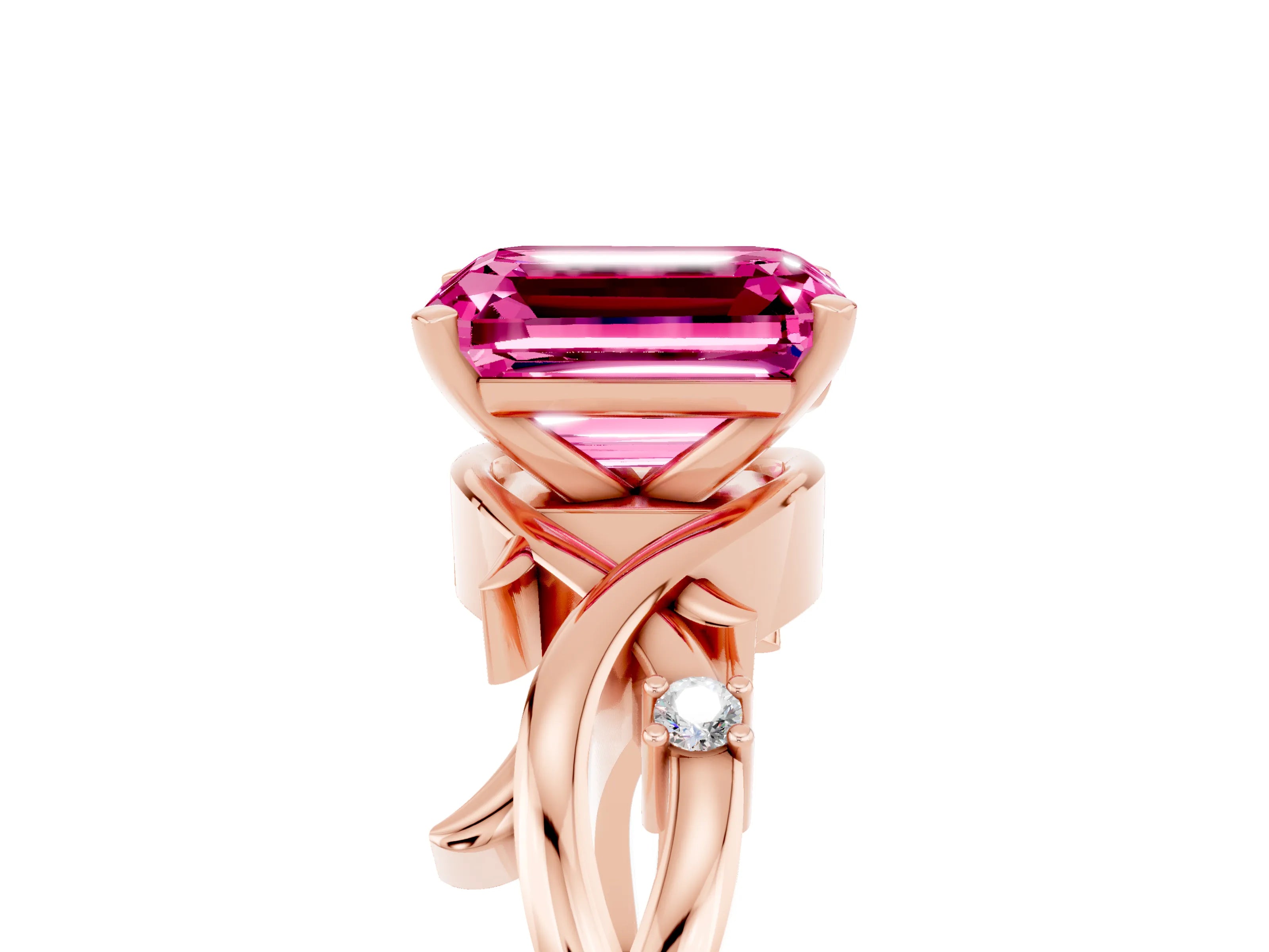 Rose gold Emerald Cut Pink Sapphire Solitaire Ring with Twisted Band and Prong Setting_5