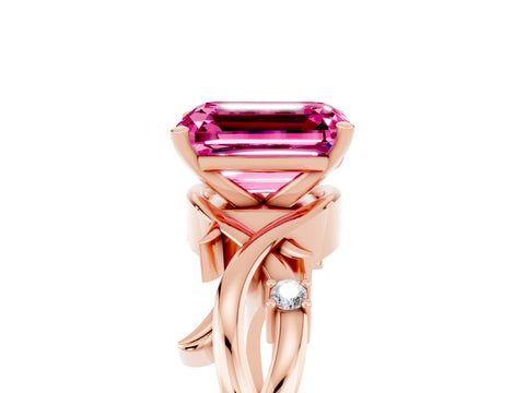 Rose gold Emerald Cut Pink Sapphire Solitaire Ring with Twisted Band and Prong Setting_5