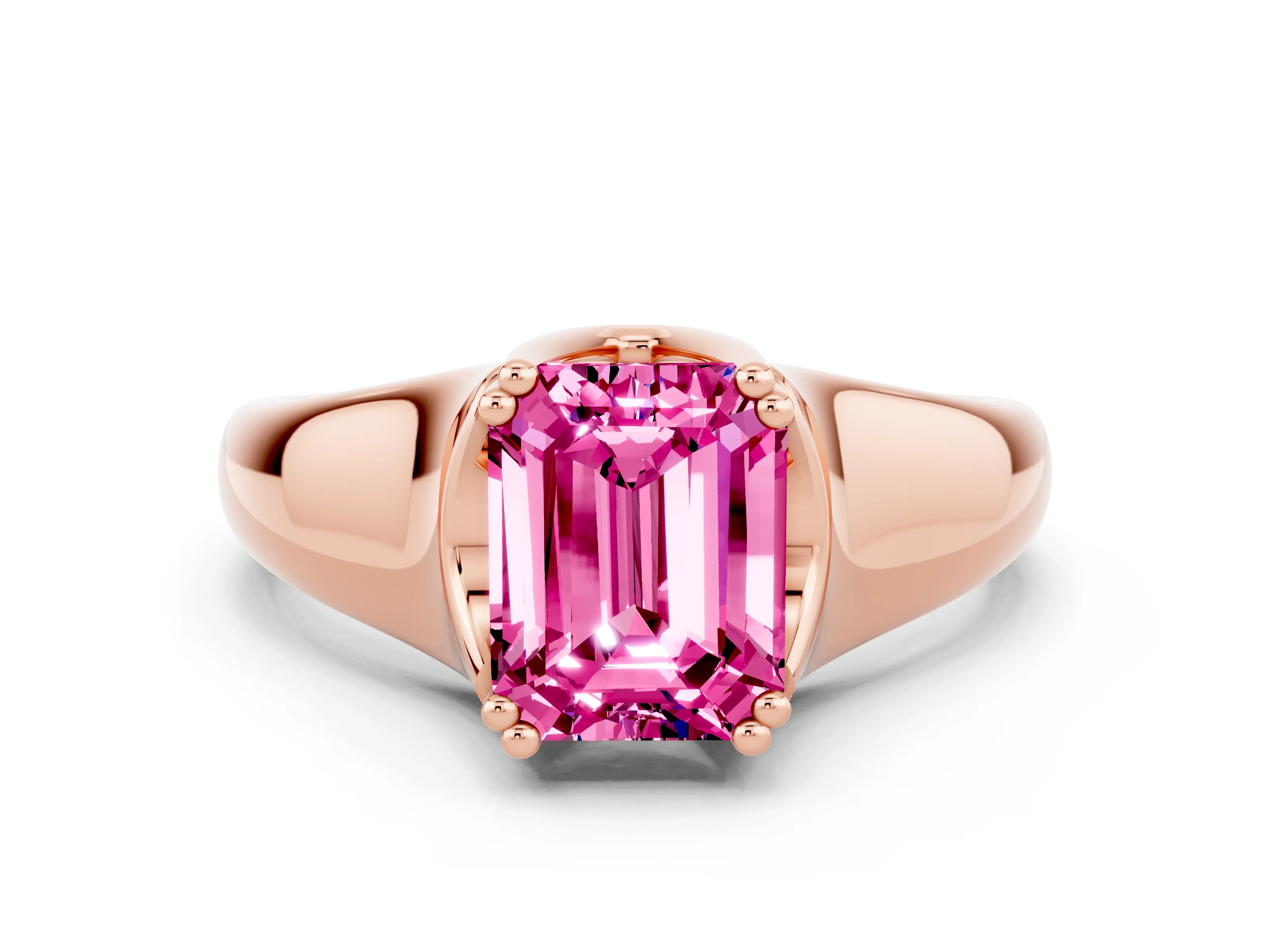 Rose gold Emerald Cut Pink Sapphire Solitaire Ring with Wide Band and Prong Setting_24