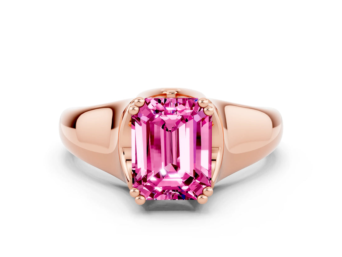 Rose gold Emerald Cut Pink Sapphire Solitaire Ring with Wide Band and Prong Setting_24