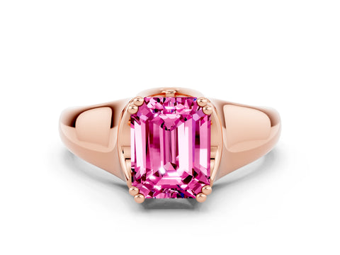 Rose gold Emerald Cut Pink Sapphire Solitaire Ring with Wide Band and Prong Setting_24