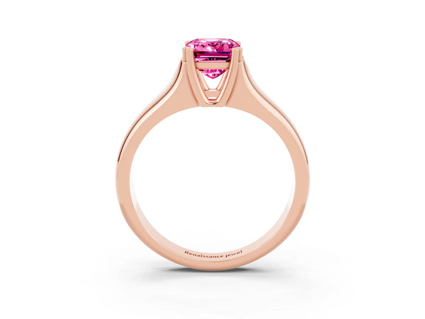 Rose gold Emerald Cut Pink Sapphire Solitaire Ring with Wide Band and Prong Setting