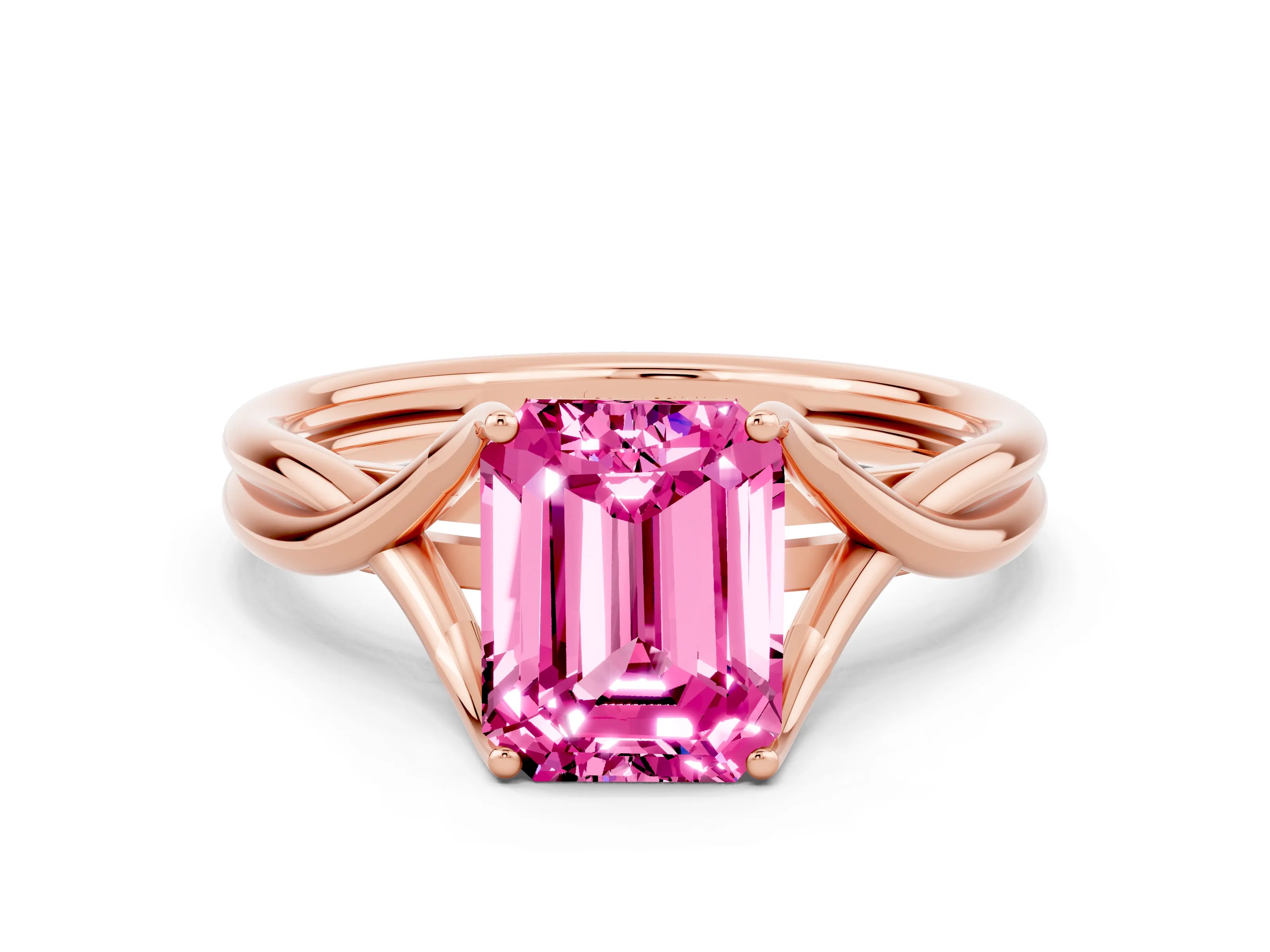 Rose gold Emerald Cut Pink Sapphire Solitaire Twist Band Prong Setting Ring_84