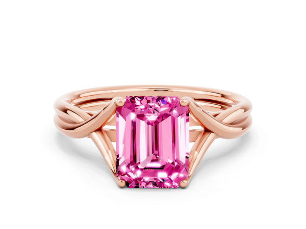Rose gold Emerald Cut Pink Sapphire Solitaire Twist Band Prong Setting Ring